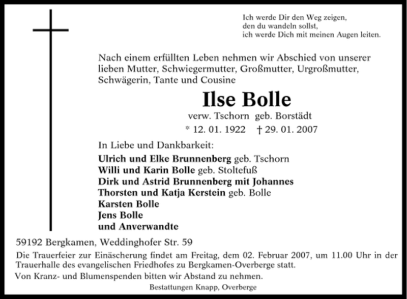  Traueranzeige für Ilse Bolle vom 31.01.2007 aus Tageszeitung