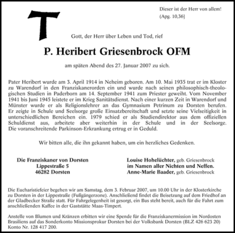  Traueranzeige für Heribert Griesenbrock vom 31.01.2007 aus Tageszeitung