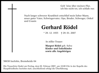 Traueranzeige von Gerhard Rödel von Tageszeitung