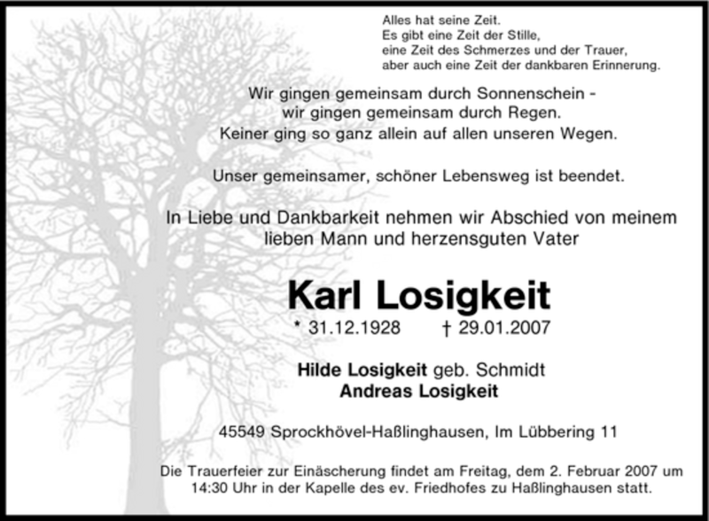  Traueranzeige für Karl Losigkeit vom 31.01.2007 aus Tageszeitung