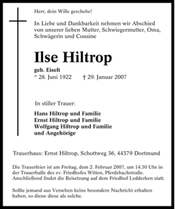 Traueranzeige von Ilse Hiltrop von Tageszeitung
