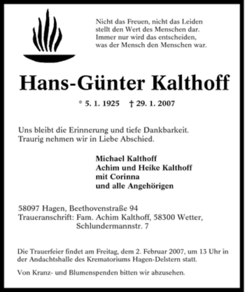 Traueranzeige von Hans-Günter Kalthoff von Tageszeitung