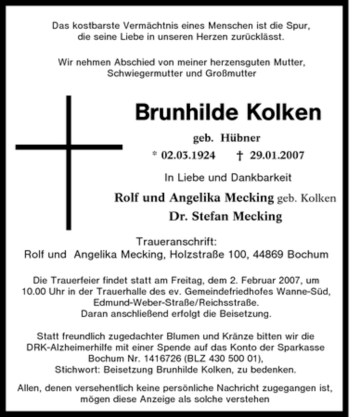Traueranzeige von Brunhilde Kolken von Tageszeitung