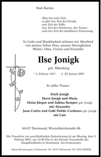 Traueranzeige von Ilse Jonigk von Tageszeitung