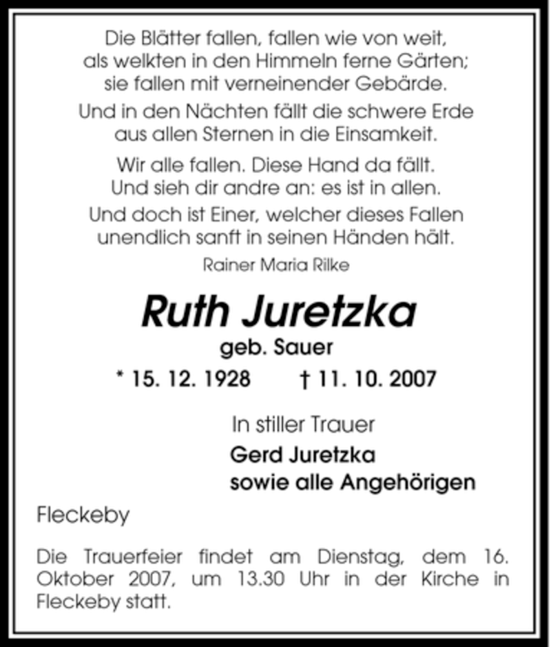  Traueranzeige für Ruth Juretzka vom 15.10.2007 aus Tageszeitung