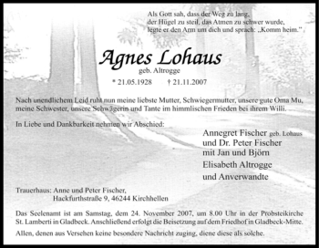 Traueranzeige von Agnes Lohaus von Tageszeitung