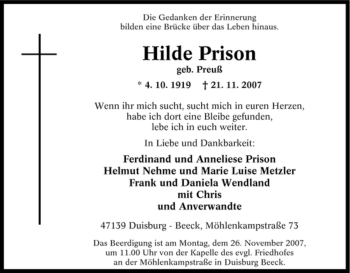 Traueranzeige von Hilde Prison von Tageszeitung