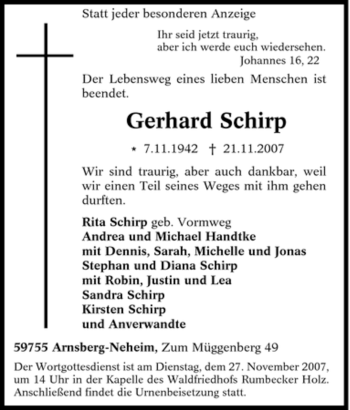 Traueranzeige von Gerhard Schirp von Tageszeitung