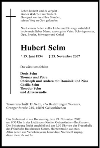 Traueranzeige von Hubert Selm von Tageszeitung