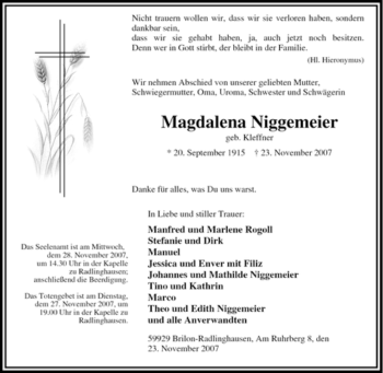 Traueranzeige von Magdalena Niggemeier von Tageszeitung