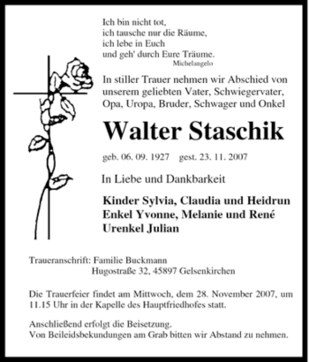 Traueranzeige von Walter Staschik von Tageszeitung