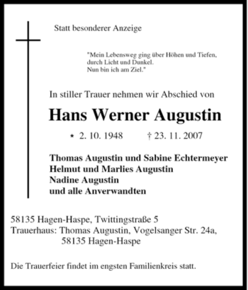 Traueranzeige von Hans Werner Augustin von Tageszeitung