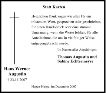 Traueranzeige von Hans Werner Augustin von Tageszeitung