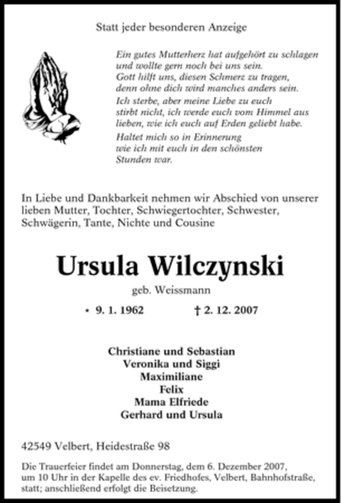  Traueranzeige für Ursula Wilczynski vom 04.12.2007 aus Tageszeitung