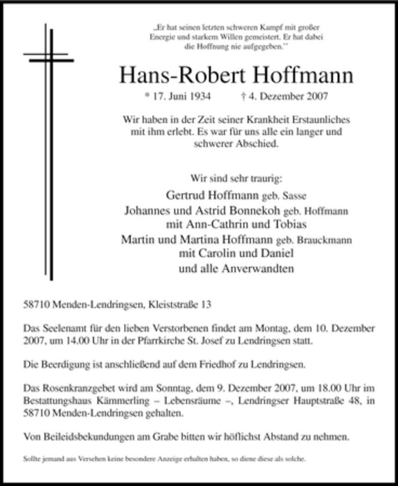  Traueranzeige für Hans-Robert Hoffmann vom 06.12.2007 aus Tageszeitung