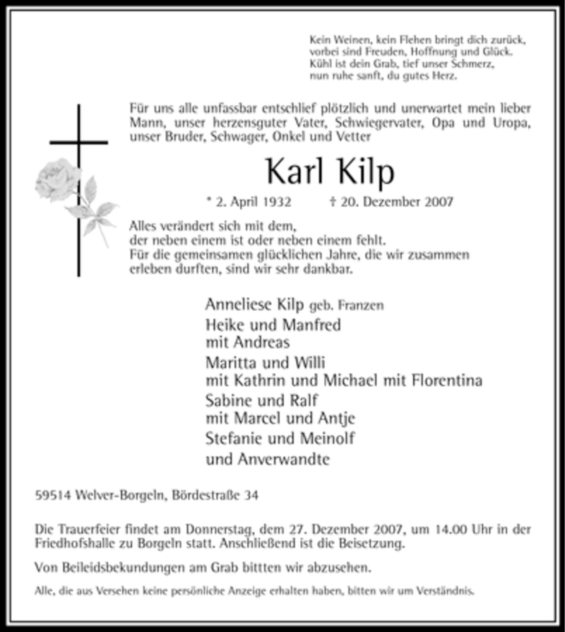  Traueranzeige für Karl Kilp vom 22.12.2007 aus Tageszeitung