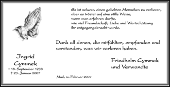 Traueranzeige von Ingrid Cymmek von Tageszeitung