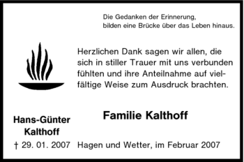 Traueranzeige von Hans-Günter Kalthoff von Tageszeitung
