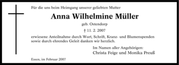 Traueranzeige von Anna Wilhelmine Müller von Tageszeitung