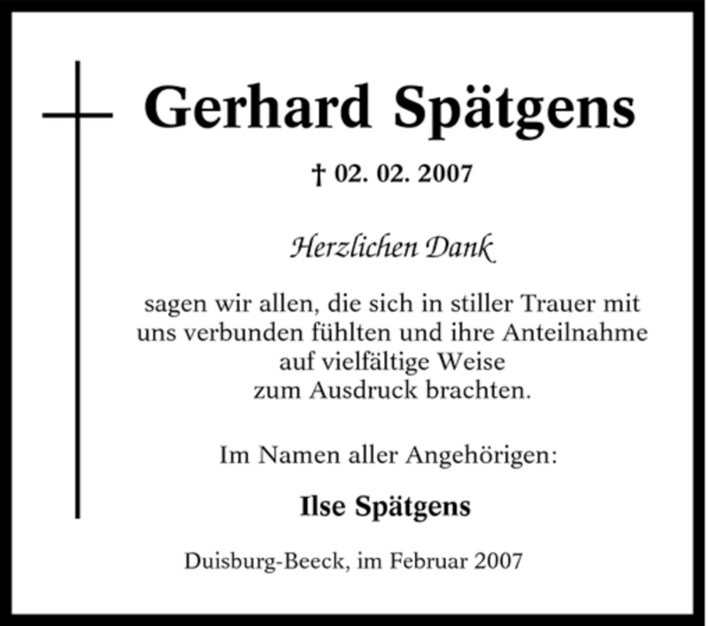  Traueranzeige für Gerhard Spätgens vom 24.02.2007 aus Tageszeitung