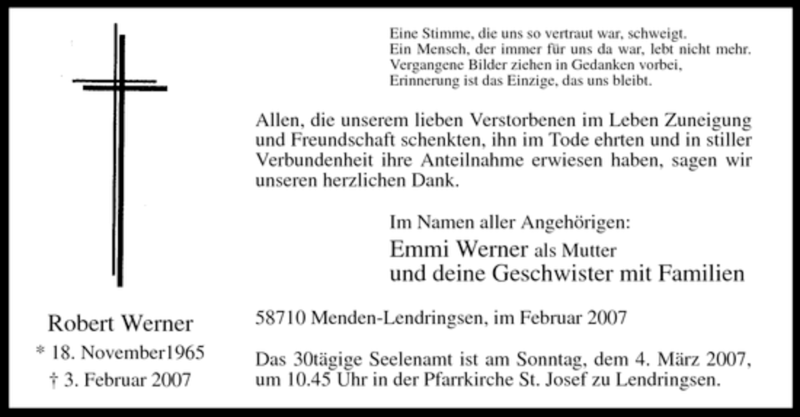  Traueranzeige für Robert Werner vom 24.02.2007 aus Tageszeitung
