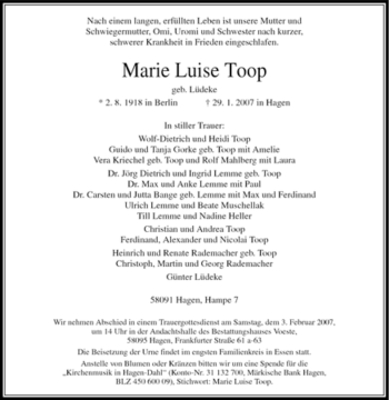 Traueranzeige von Marie Luise Toop von Tageszeitung