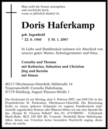 Traueranzeige von Doris Haferkamp von Tageszeitung