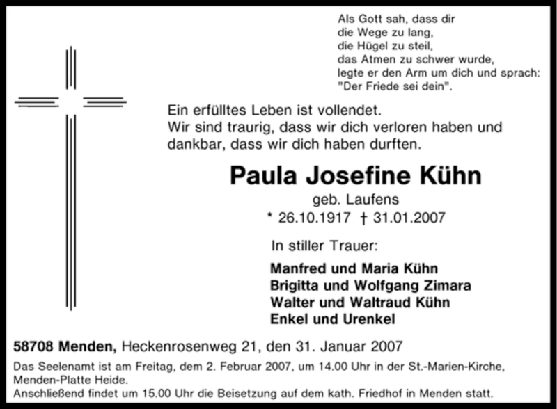  Traueranzeige für Paula Josefine Kühn vom 01.02.2007 aus Tageszeitung