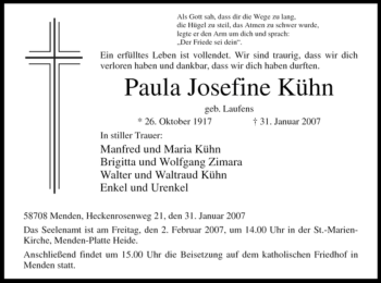 Traueranzeige von Paula Josefine Kühn von Tageszeitung