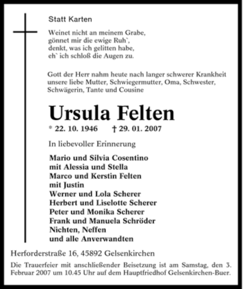 Traueranzeige von Ursula Felten von Tageszeitung