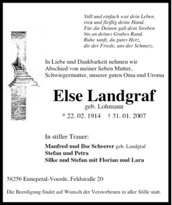 Traueranzeige von Else Landgraf von Tageszeitung