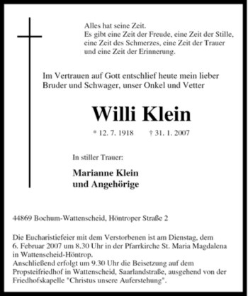 Traueranzeige von Willi Klein von Tageszeitung