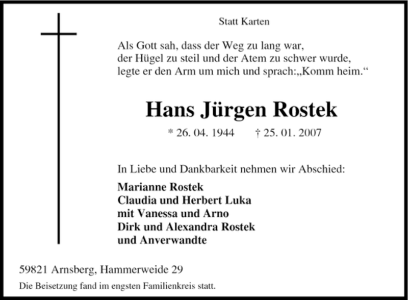  Traueranzeige für Hans Jürgen Rostek vom 03.02.2007 aus Tageszeitung