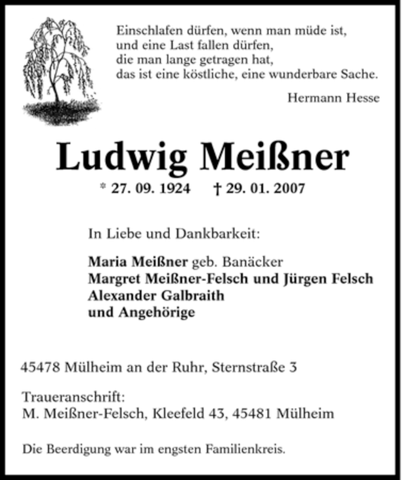  Traueranzeige für Ludwig Meißner vom 03.02.2007 aus Tageszeitung
