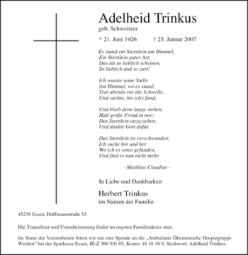 Traueranzeige von Adelheid Trinkus von Tageszeitung