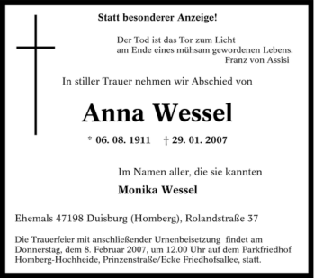 Traueranzeige von Anna Wessel von Tageszeitung