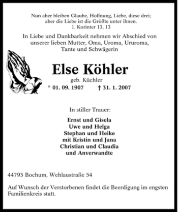 Traueranzeige von Else Köhler von Tageszeitung