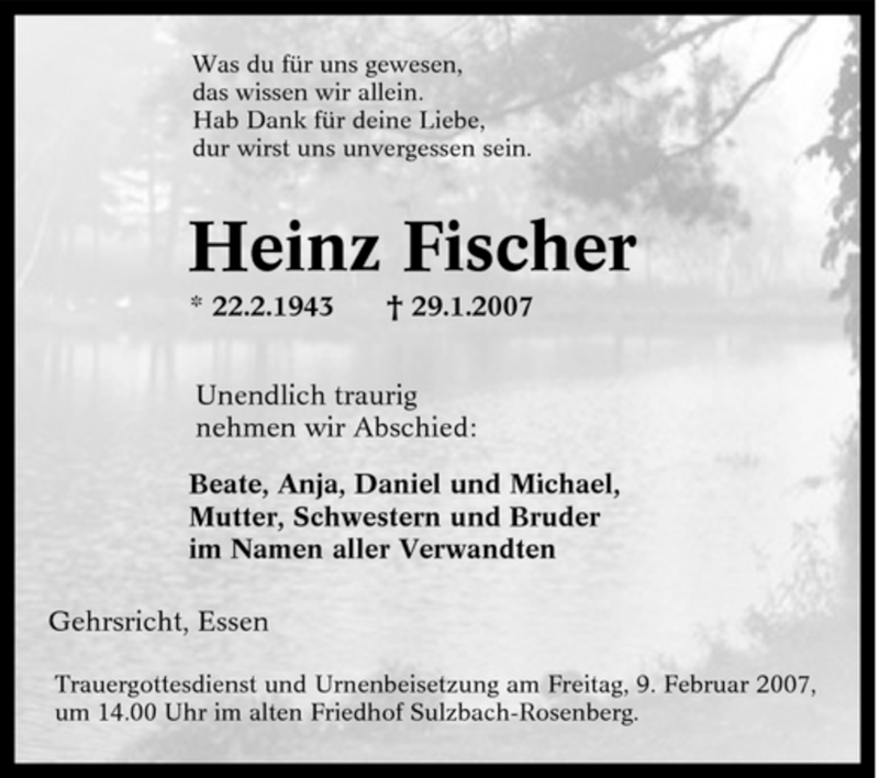  Traueranzeige für Heinz Fischer vom 03.02.2007 aus Tageszeitung