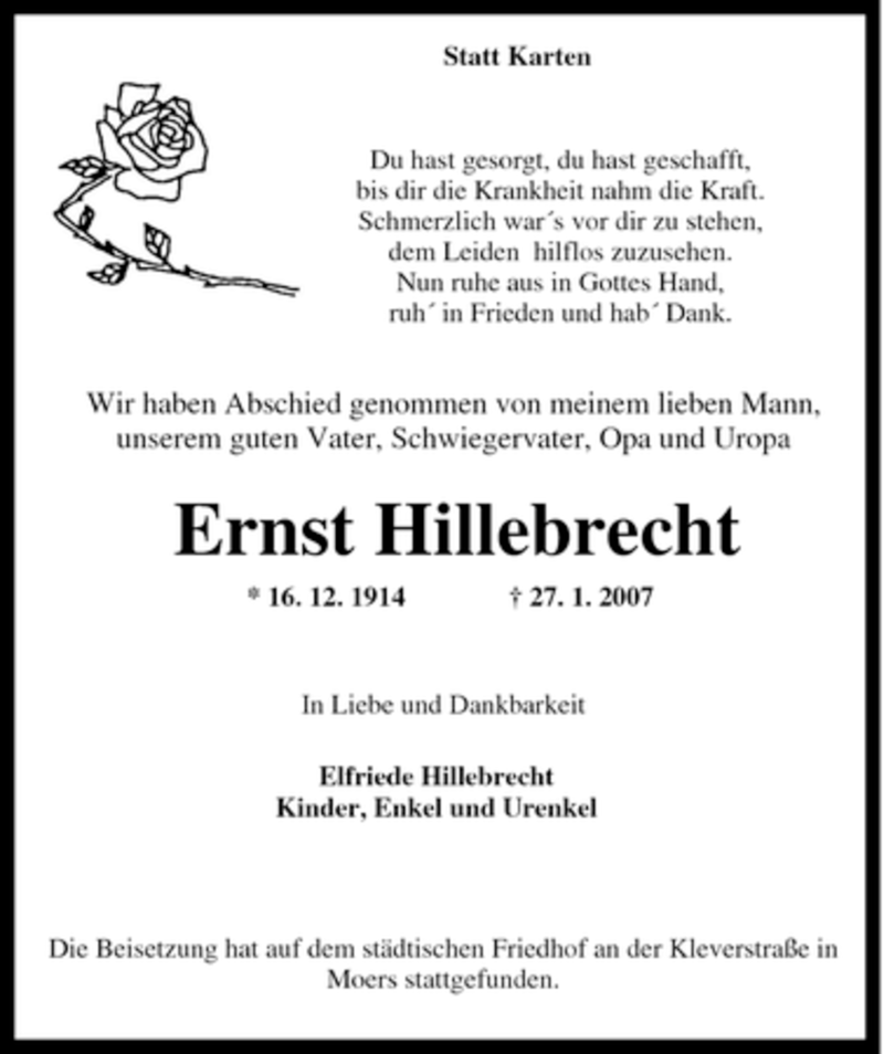  Traueranzeige für Ernst Hillebrecht vom 03.02.2007 aus Tageszeitung