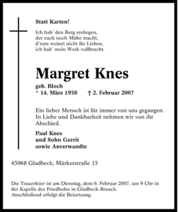 Traueranzeige von Margret Knes von Tageszeitung