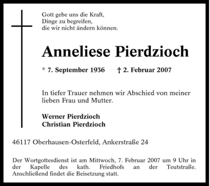  Traueranzeige für Anneliese Pierdzioch vom 05.02.2007 aus Tageszeitung