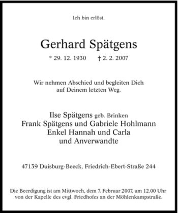 Traueranzeige von Gerhard Spätgens von Tageszeitung