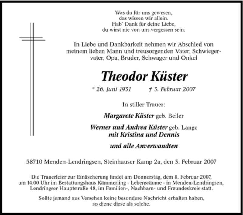  Traueranzeige für Theodor Küster vom 05.02.2007 aus Tageszeitung
