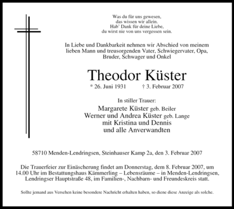  Traueranzeige für Theodor Küster vom 05.02.2007 aus Tageszeitung