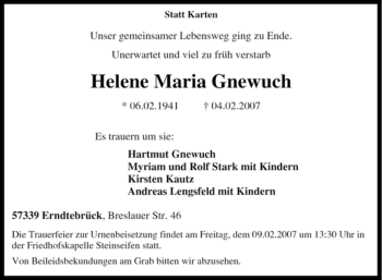 Traueranzeige von Helene Maria Gnewuch von Tageszeitung