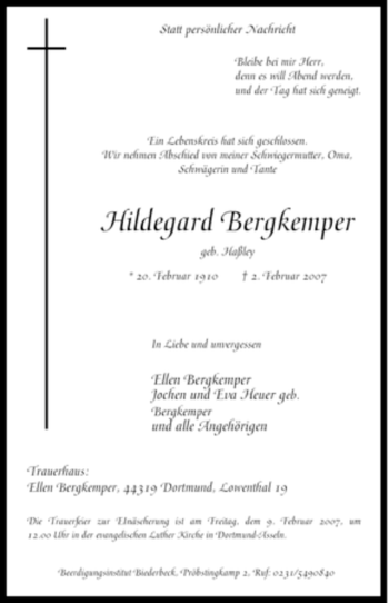 Traueranzeige von Hildegard Bergkemper von Tageszeitung