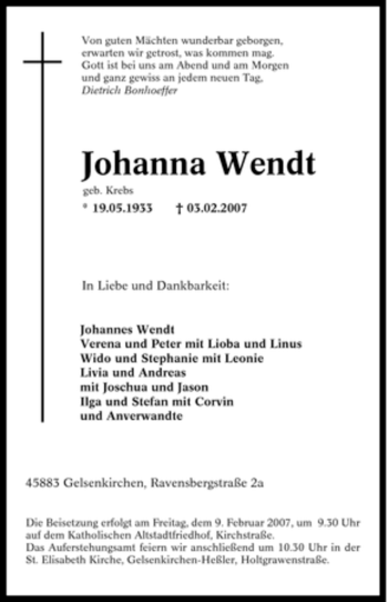 Traueranzeige von Johanna Wendt von Tageszeitung
