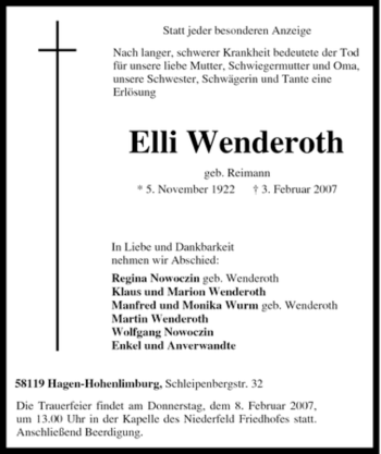 Traueranzeige von Elli Wenderoth von Tageszeitung