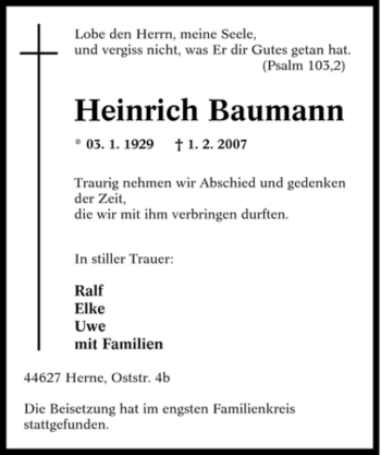 Traueranzeige von Heinrich Baumann von Tageszeitung