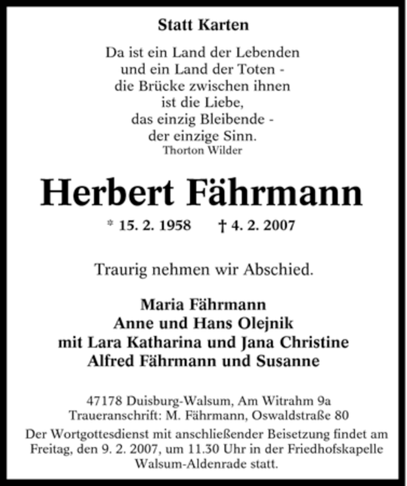  Traueranzeige für Herbert Fährmann vom 06.02.2007 aus Tageszeitung